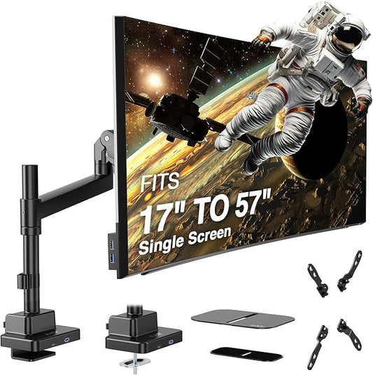 AVLT Single 57 Inch Heavy Duty Monitor Arm Pole Top Mount with USB-C USB-A Ports-Black, Height Adjustable, Easy Install Top C-Clamp/Grommet with Reinforcement Plates, VESA Compatible 200/100/75
