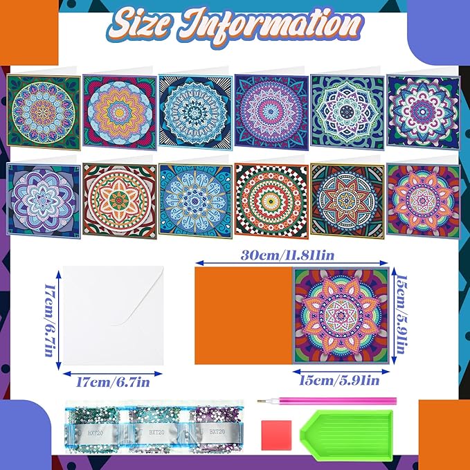 Saillong 12 Pack Mandala Diamond Painting Greeting Card Kits DIY Diamond Art Cards with Envelopes Flower 5D Rhinestones Painting Kits for Adults DIY Crafts Family Friend Birthday Gifts