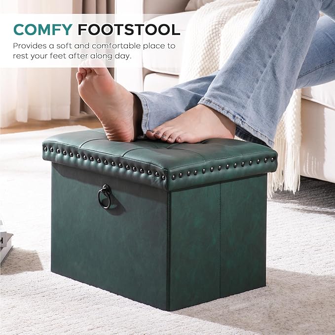 Folding Storage Ottoman, Small Faux Leather Foot Rest Stool with Rivet Design, 16 x 12 x12 Inches Ottoman with Storage Vanity Stool Coffee Table for Living Room, Bedroom, Load 242 lbs, Green