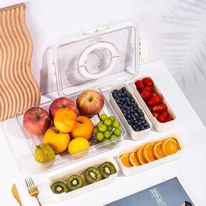 Bandesun Divided Serving Tray with Lid and Handle - Snackle Box Charcuterie Container for Portable Snack Platters - Clear Organizer for Candy, Fruits, Nuts, Snacks,4-Grid