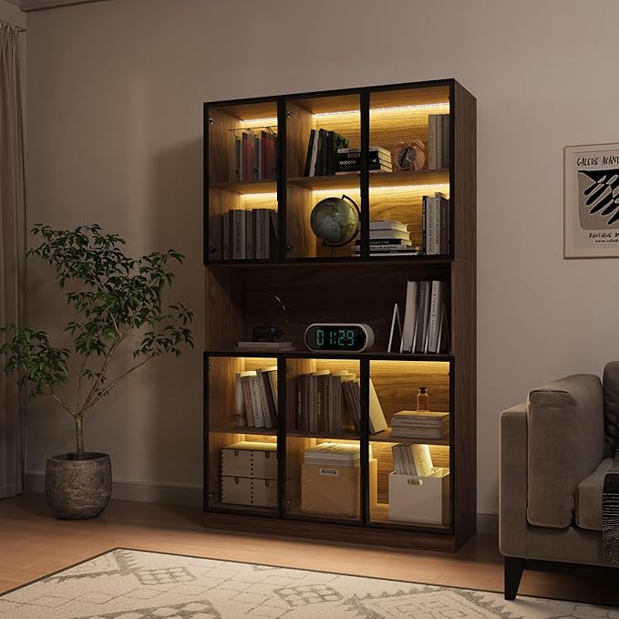 78.7" H Display Cabinet with 6 Glass Doors and Lights, Storage Cabinets Modern Bookcase with Hutch for Collectible, Display Case/Glass Curio Cabinets for Living Room,Walnut