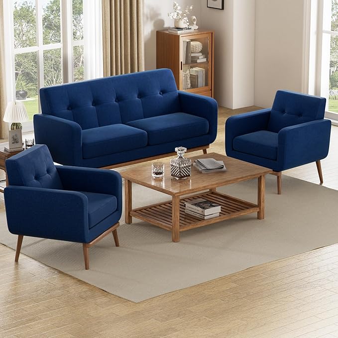 HUIMO Living Room Set, Button Tufted Living Room Furniture Sets, Upholstered Modern Couch Set with Solid Frame, Deep Seat Sofa Set for Living Room, Office (Dark Blue, 3 Piece Set-1*loveseat+2*Chair)