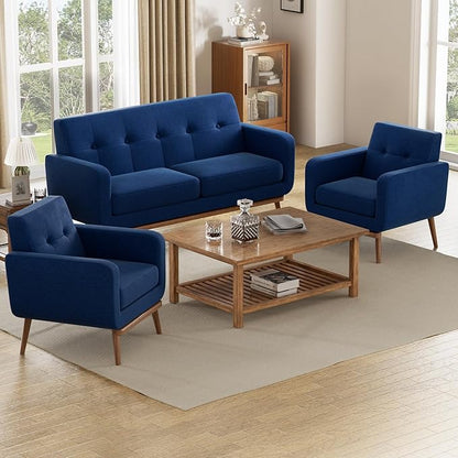 HUIMO Living Room Set, Button Tufted Living Room Furniture Sets, Upholstered Modern Couch Set with Solid Frame, Deep Seat Sofa Set for Living Room, Office (Dark Blue, 3 Piece Set-1*loveseat+2*Chair)