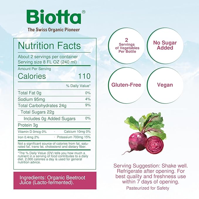 Biotta Organic Beet Juice - 100% Vegetable Juice for Energy, Immunity & Wellness - Excellent Source of Nutrients - All Natural, Non-GMO, Gluten-Free (16.9 Fl Oz, Pack of 6)
