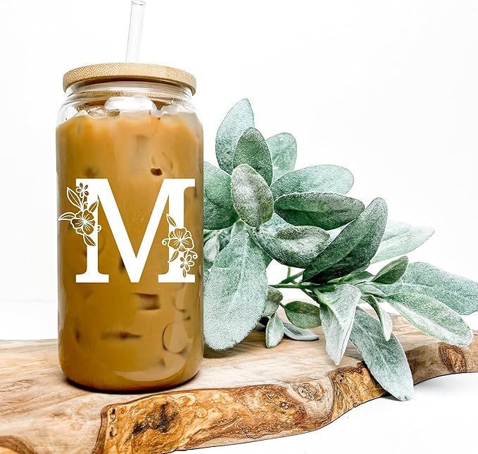 Personalized Tumbler, Monogrammed Can Glass Cups with Bamboo Lids and Straws, Customized Gifts for Women, Cute Design Initial Iced Coffee glasses, Custom Letter Mug, Birthday Bridesmaid, P