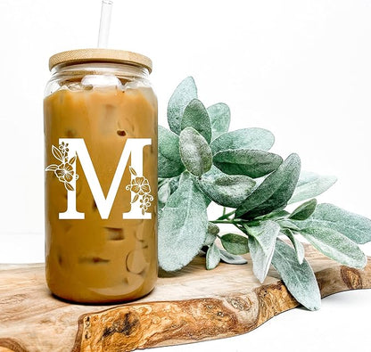 Personalized Tumbler, Monogrammed Can Glass Cups with Bamboo Lids and Straws, Customized Gifts for Women, Cute Design Initial Iced Coffee glasses, Custom Letter Mug, Birthday Bridesmaid, P