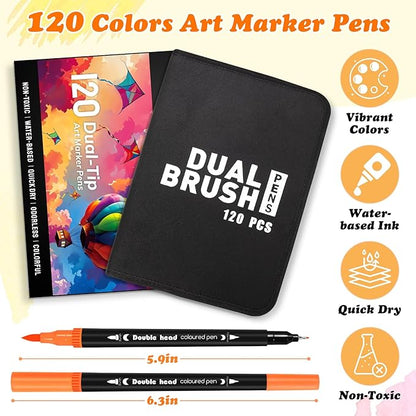120 Colors Dual Tip Art Markers Pen for Adult Coloring Books No Bleeding, Artists Fine & Brush Tip Drawing Markers Pens for School, Journaling Painting Calligraphy Lettering Supplies for Adults Kids
