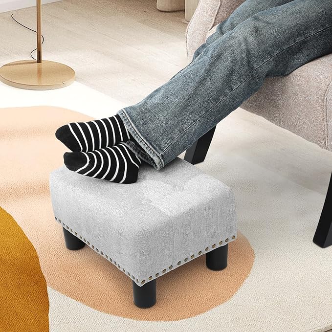 Athena Collection Small Foot Stool Ottoman with Storage, Rectangular Mini Ottoman with Legs Tufted Ottoman Foot Rest Stool Upholstered Ottoman Footstool with Nailhead Trim & Zipper, Light Gray