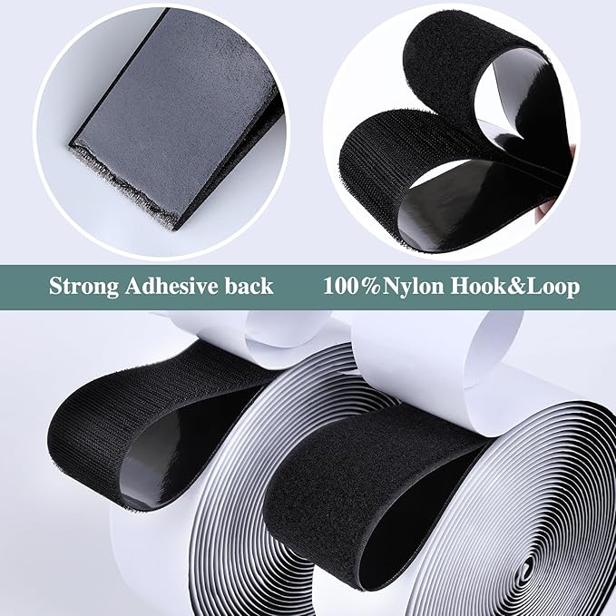 Navona 27Ft x 2 Inch Hook and Loop Strips with Adhesive, Heavy Duty Self Adhesive Tape with Back, Strong Sticky Back Fastener Roll for Home, Office, School, Crafting, Black