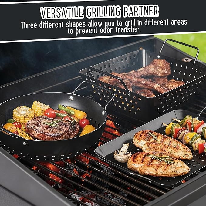 3 Pack Grill Basket Set for Outdoor Grill, Stainless Steel Vegetables Grilling Basket with Holes and Handles, Nonstick Barbecue Pan for Seafood Meat Grilling Accessories Gifts for Men