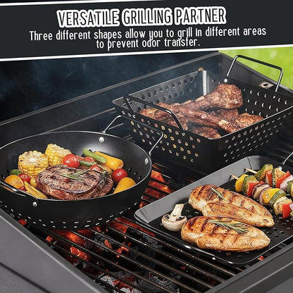 3 Pack Grill Basket Set for Outdoor Grill, Stainless Steel Vegetables Grilling Basket with Holes and Handles, Nonstick Barbecue Pan for Seafood Meat Grilling Accessories Gifts for Men