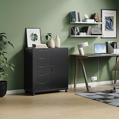 Letaya 5 Drawer Storage Cabinet, Mobile Printer Stand for Home Office,Dresser Chest with Shelves and Door(Black)