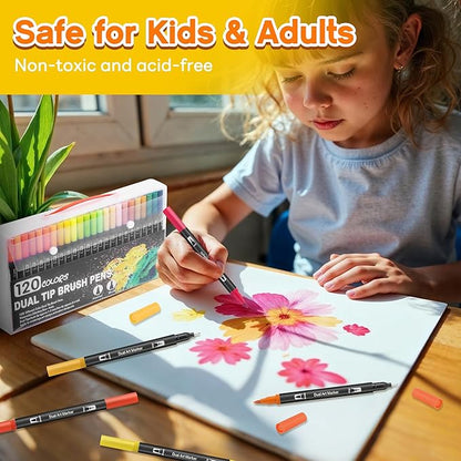 Art Markers Pens Brush Tip - 120 Color Dual Brush Pen and Fine Tip Marker for Coloring Drawing Journaling Lettering - Markers for Adults Kids Coloring Books No Bleeding Art Supplies Set