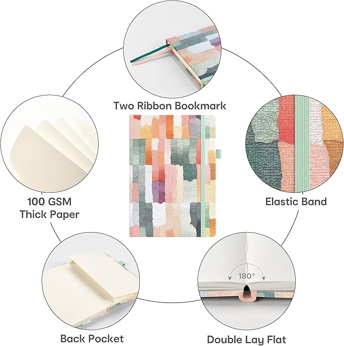 A5 Hardcover Bullet Dotted Journal, 160 Pages 100 gsm Thick Paper, 3 Sheets of Stickers Included - 5.7'' x 8'' (Colorful Stripes)