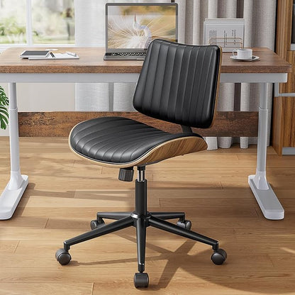 Armless Office Chair, Mid Century Modern Desk Chair with Walnut Wood Back & SGS Level 3 Gas Lift, Swivel PU Leather Computer Chair for Small Space, Home Office, Bedroom, 300lbs Cap, Black