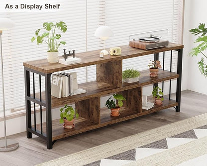 IBF Bookshelf, Farmhouse 63” Long Open Book Shelf, Wood Metal 5 Cube Bookcase for Living Room, Low Horizontal Bookshelf for Bedroom, Wide Cubby Storage Organizer for Home Office, Rustic Brown, 63 Inch
