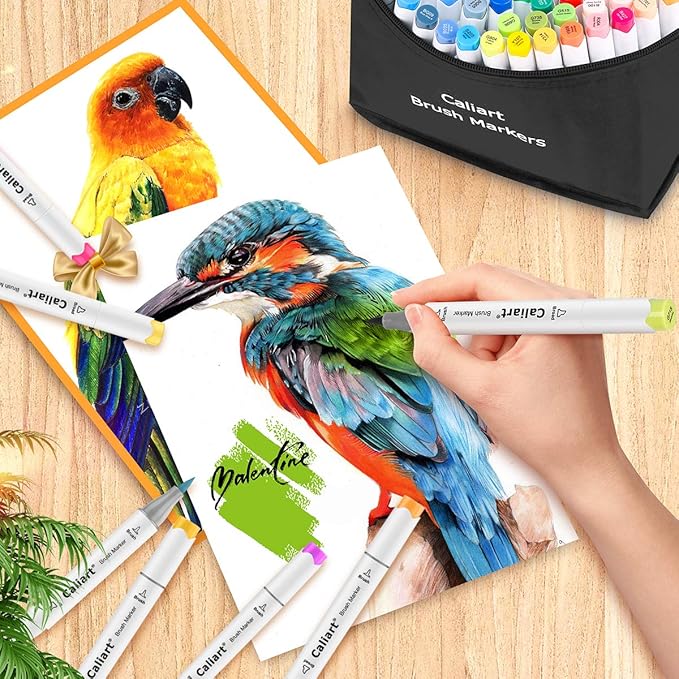 Caliart Alcohol Markers Brush Tip, 121 Colors Dual Tip Coloring Marker Pen Set Brush & Chisel, Art Supplies Kit Gift for Adults Coloring Book Artists Sketch Drawing Illustration