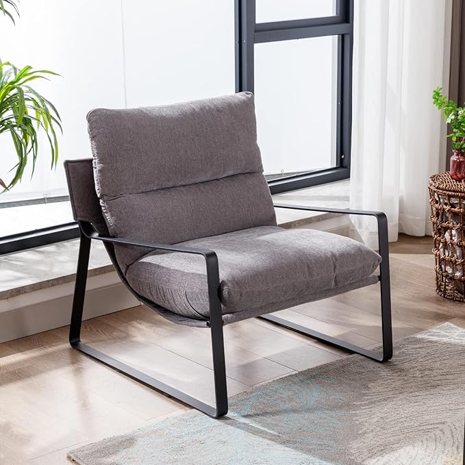 LukeAlon Modern Linen Accent Armchair, Upholstered Living Room Chair with Metal Base Thickened Cushion Single Sofa Chair Comfy Lounge Chair for Bedroom Living Room, Grey