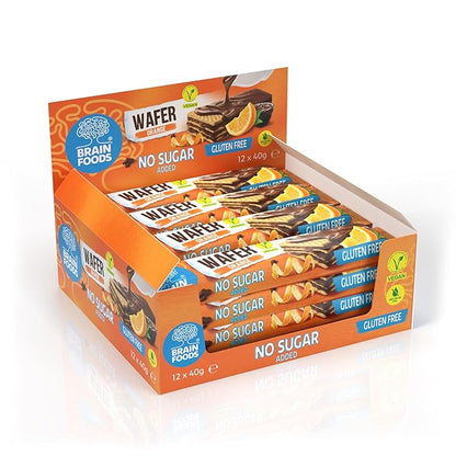 BRAIN FOODS Gluten Free Vegan Chocolate Coated Orange Wafers - 12 Bars, No Sugar Added, High Fiber, No Palm Oil, 1.4 oz, 170 Calories, Guilt Free Snack, Natural Orange Flavor