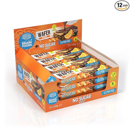 BRAIN FOODS Gluten Free Vegan Chocolate Coated Orange Wafers - 12 Bars, No Sugar Added, High Fiber, No Palm Oil, 1.4 oz, 170 Calories, Guilt Free Snack, Natural Orange Flavor