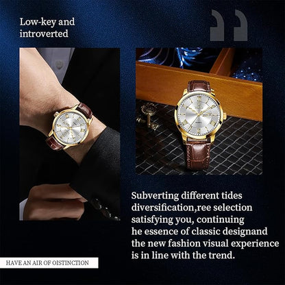 Mens Watches Luxury Dress Waterproof Leather Watch with Date Day Analog Quartz Large Number Wrist Watch Casual Classic Luminous Scales Big Face Easy Read Reloj para Hombre