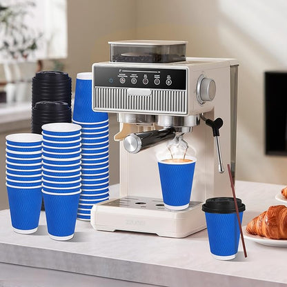 Coffee Cups, 50-Pack of 12 oz Disposable Paper Cups with Lids, Stirring Straws, Corrugated Insulated Ripple Wall for Hot & Cold Drinks（Blue）