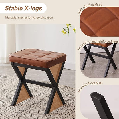 FILWH Foot Stool Small Ottoman - Padded Desk Foot Rest for Under Office Desk, Vanity, Sofa - Bamboo Footstool Shoe Stool (Black Legs + Reddish Brown)