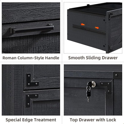 JXQTLINGMU 2 Drawer Farmhouse File Cabinet, Lateral Filing Cabinet with Lock for Home Office, Compatible Legal Letter A4 F4 Size, Black