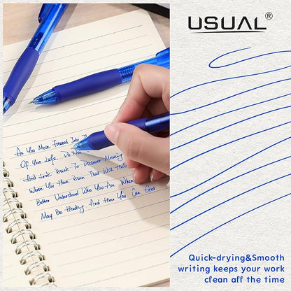 USUAL 12 Pack Retractable Gel Pens 0.5 mm,Blue Ink Pen Fine Point Quick Dry Smooth Writing Rollerball Pens,Writing Ballpoint Pens for Office School Supplies