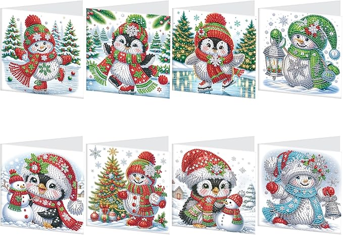 8pcs Christmas Diamond Painting Greeting Cards Christmas snowman & penguin, for Blessings and Wishes, Special Shape Crystal Partial Mosaic Making Craft, Paper Material, DIY Gifts for Holiday