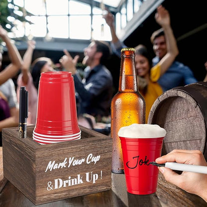 Wooden Cup Holder - Party Cup Holder with Marker Slot, for Party and Wedding, Rustic Disposable for Bar, Kitchen, Countertop, Home & Office, Brown