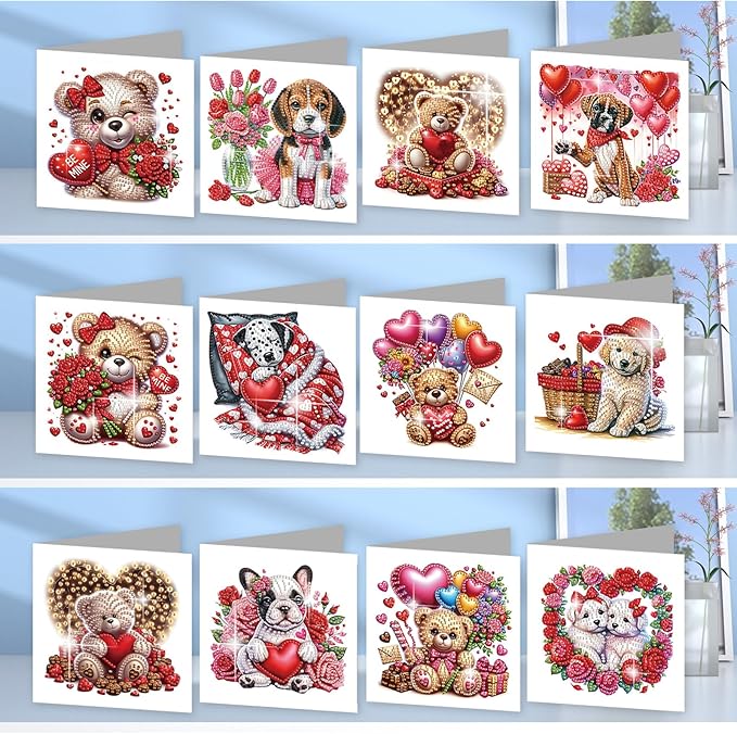 jinglinhh 12pcs Diamond Art Painting Valentine's Day Bear Dog Rose Flower Balloon Wreath Greeting Cards with Envelopes, DIY Card Making Kits for Adults, Diamond Art Holiday Birthday Cards Craft Gifts