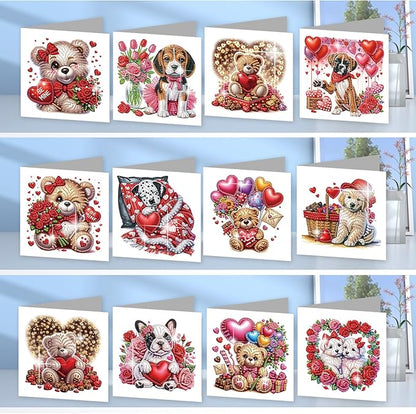 jinglinhh 12pcs Diamond Art Painting Valentine's Day Bear Dog Rose Flower Balloon Wreath Greeting Cards with Envelopes, DIY Card Making Kits for Adults, Diamond Art Holiday Birthday Cards Craft Gifts