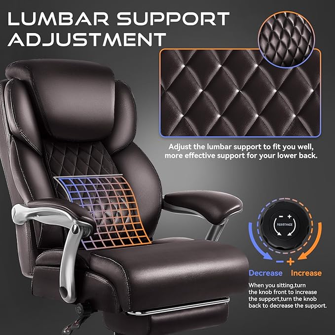OFIKA 600lbs Big and Tall Office Chair with Foot Rest and Lifting Headrest,Large Heavy Duty Chair with Adjustable Lumber Support,Executive Office Chair,Leather Chair for Heavy People (Brown)