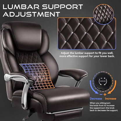 OFIKA 600lbs Big and Tall Office Chair with Foot Rest and Lifting Headrest,Large Heavy Duty Chair with Adjustable Lumber Support,Executive Office Chair,Leather Chair for Heavy People (Brown)