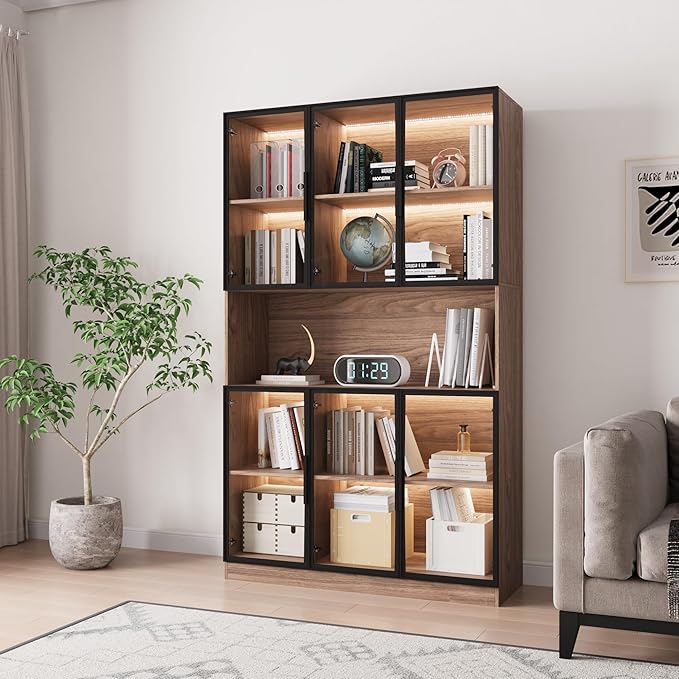 78.7" H Display Cabinet with 6 Glass Doors and Lights, Storage Cabinets Modern Bookcase with Hutch for Collectible, Display Case/Glass Curio Cabinets for Living Room,Walnut