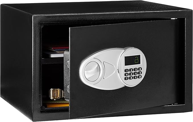 Amazon Basics Steel Security Safe and Lock Box with Electronic Keypad, Easy to Use, Secure Cash, Jewelry, Documents, Black, 1.2 Cubic Feet, 16.9-x-14.6-x-10.6-inches (WxDxH)