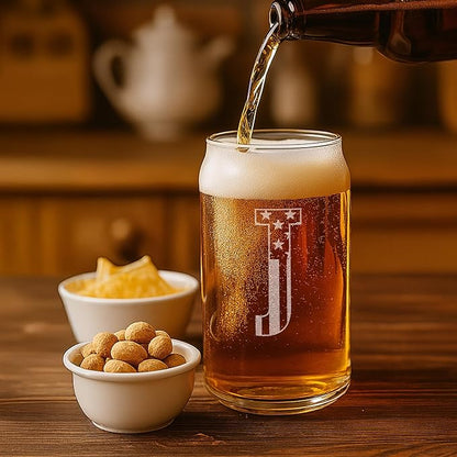 Monogram Beer Glasses for Men (A-Z) 16 oz - Engraved Beer Gifts for Men Brother Son Dad Neighbor - Unique Christmas Gifts for Him - Personalized Drinking Gift Beer Glass Mugs (J)