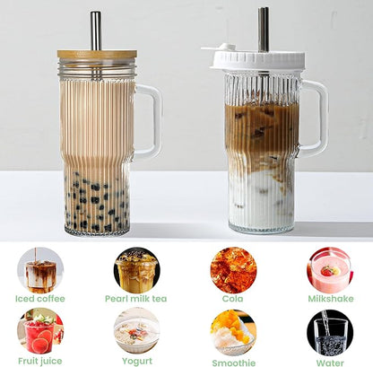 24oz Ribbed Glass Tumbler With Handle,4Pack Glass Cup with Lids and Straws,Reusable Glass Iced Coffee Cups With lids,Mason Jar Cup&Drinking Glasses for Smoothie,Shake,Juice,Soda Water,Tea,Travel Cup