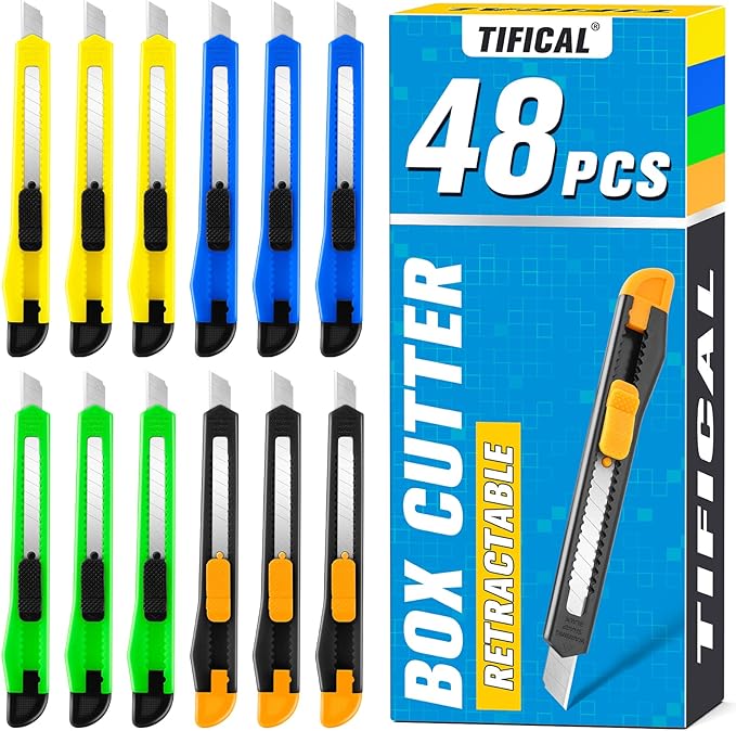 48 Pack 9mm Box Cutter Retractable Utility Knife, Razor Knife for Cartons, Box Opener, Disposable Exacto Knife for Home, School use