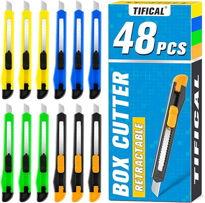 48 Pack 9mm Box Cutter Retractable Utility Knife, Razor Knife for Cartons, Box Opener, Disposable Exacto Knife for Home, School use