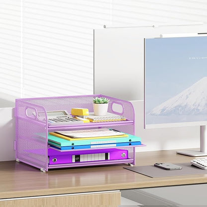 3 Tier Paper Organizer with Handle, Metal Desk Organizer Mesh Paper Letter Tray Desktop File Folder Document Sorter for Classroom, School, Office Accessories Organization and Storage - Purple