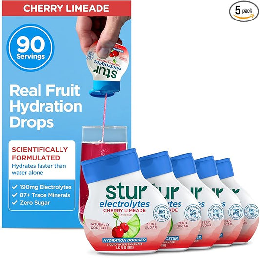 Stur Electrolyte Water Enhancer | Sweetened with Stevia | High in Antioxidants | Sugar Free | Zero Calories | Keto | Vegan | 5 Bottles, Makes 90 Drinks (Cherry Limeade)