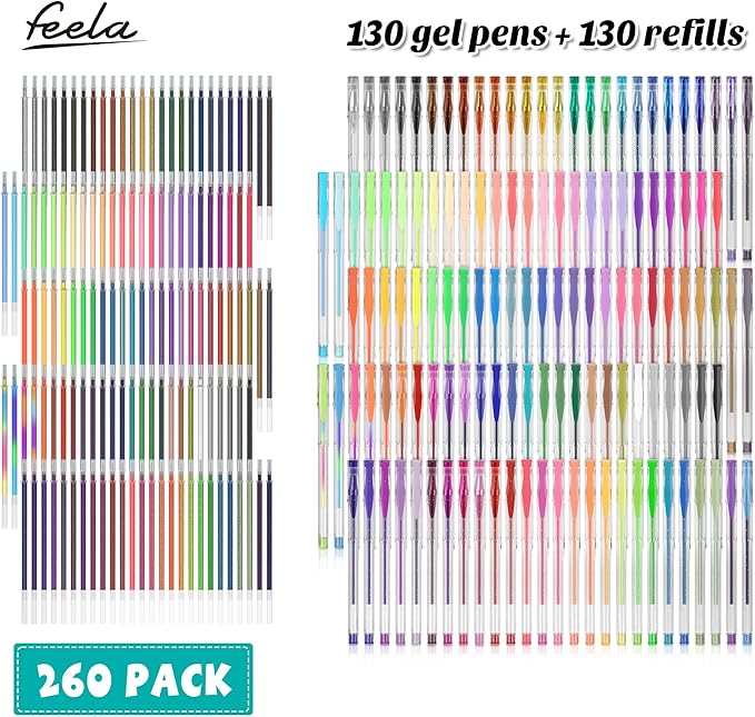feela Gel Pens Set, 260 Pack 130 Colored Gel Pens Plus 130 Refills for Adult Coloring Books Drawing Kid Doodling Writing Sketching Highlighter Art Markers