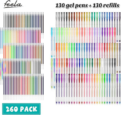 feela Gel Pens Set, 260 Pack 130 Colored Gel Pens Plus 130 Refills for Adult Coloring Books Drawing Kid Doodling Writing Sketching Highlighter Art Markers
