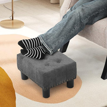 Athena Collection Small Ottoman Foot Rest with Legs, Linen Fabric Ottoman Foot Stool with Soft Padded seat, Square Footstool FootRest for Living Room, Bedroom, Office, Dark Grey