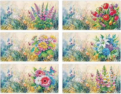 6PCS Diamond Art Painting Greeting Cards,Happy Birthday Cards with Envelopes,DIY Card Making Kits Thank You Card Arts Crafts for Birthday(Flower)