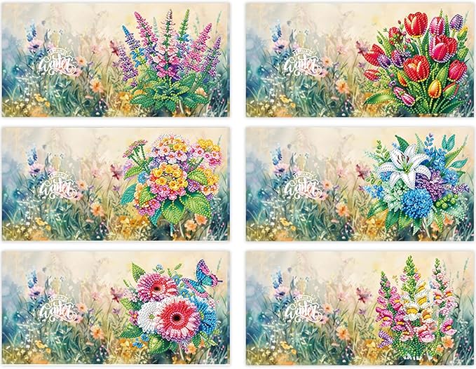 6pcs DIY Flower Diamond Art Painting Greeting Cards Kit, Rhinestone Art Holiday Birthday Card Set with Envelopes, DIY Festival Craft for Girlfriend, Christmas Valentine Gift Making Supplies
