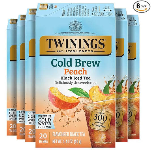 Twinings Peach Cold Brew Iced Tea Bags, 20 Count (Pack of 6), Unsweetened Flavoured Black Tea, Caffeinated, 120 Teabags