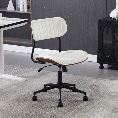 Modern Walnut Home Office Chair，Adjustable Height Desk Chair with Wheels，Armless Computer Chair for Office, Reading Meeting Room, White